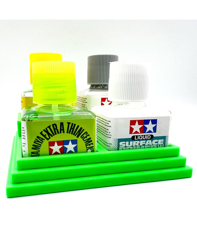 Anti-Tip 3D Printed Tamiya Glue Bottle Holder Stepped Quad Square with Rubber FeetTamiya 87038 87182