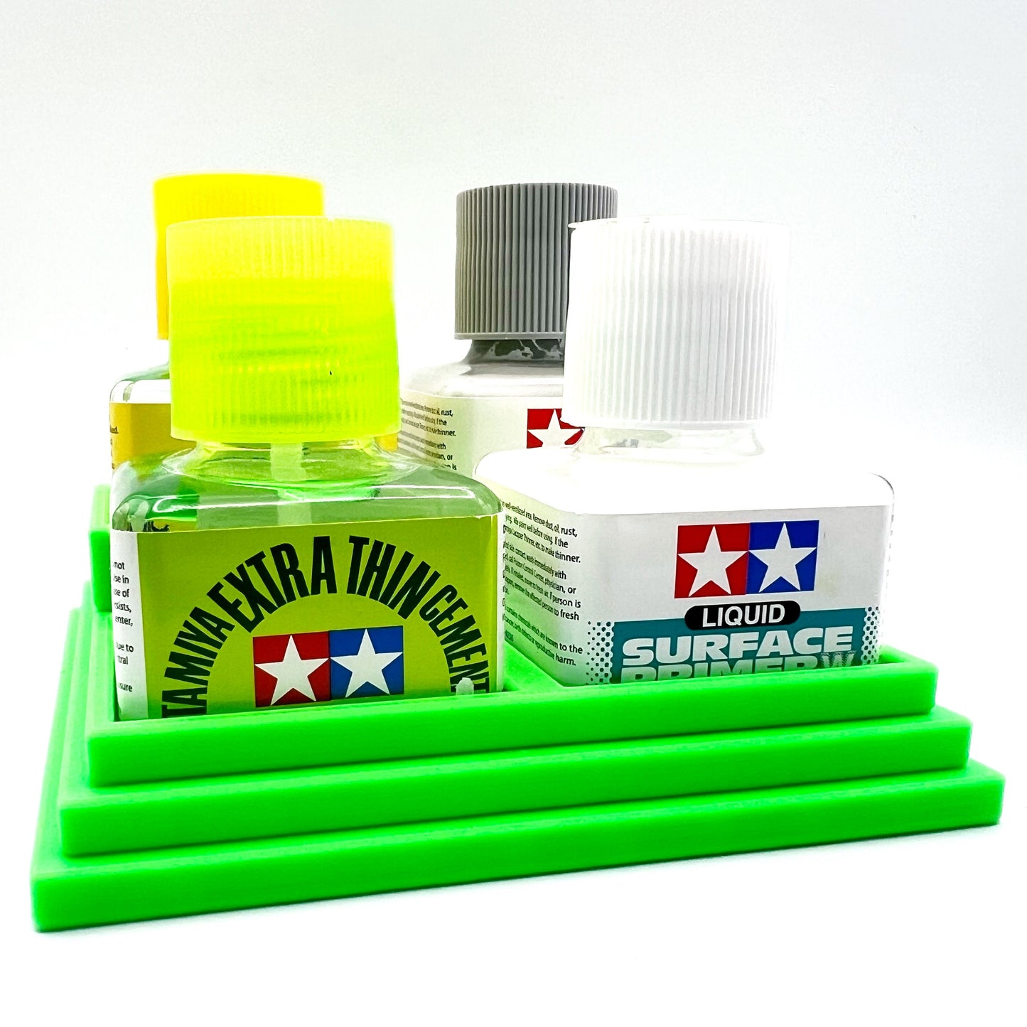 Anti-Tip 3D Printed Tamiya Glue Bottle Holder Stepped Quad Square with Rubber FeetTamiya 87038 87182