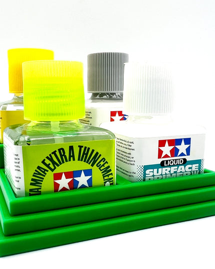 Anti-Tip 3D Printed Tamiya Glue Bottle Holder Stepped Quad Square with Rubber FeetTamiya 87038 87182