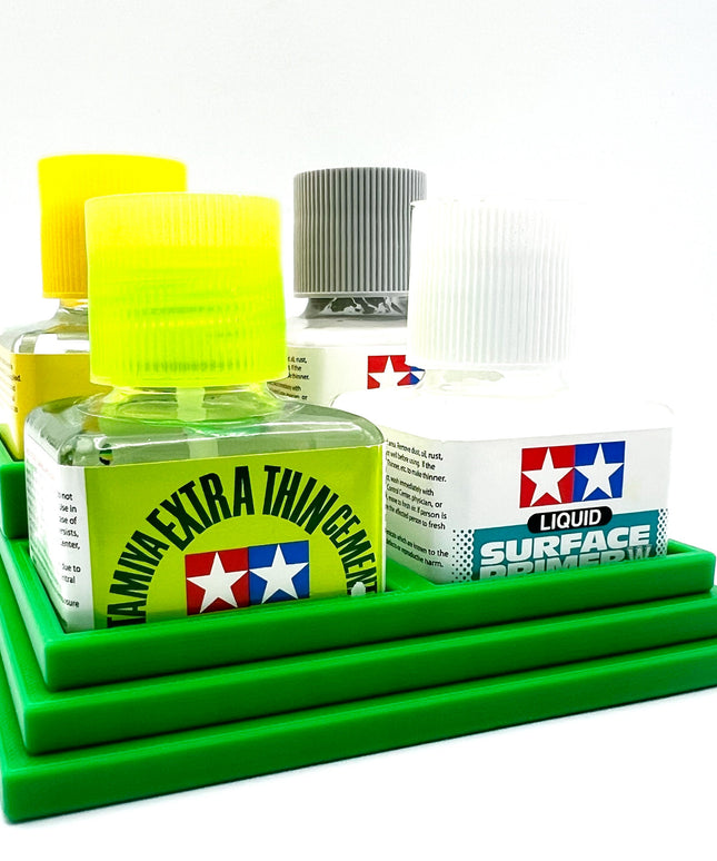 Anti-Tip 3D Printed Tamiya Glue Bottle Holder Stepped Quad Square with Rubber FeetTamiya 87038 87182