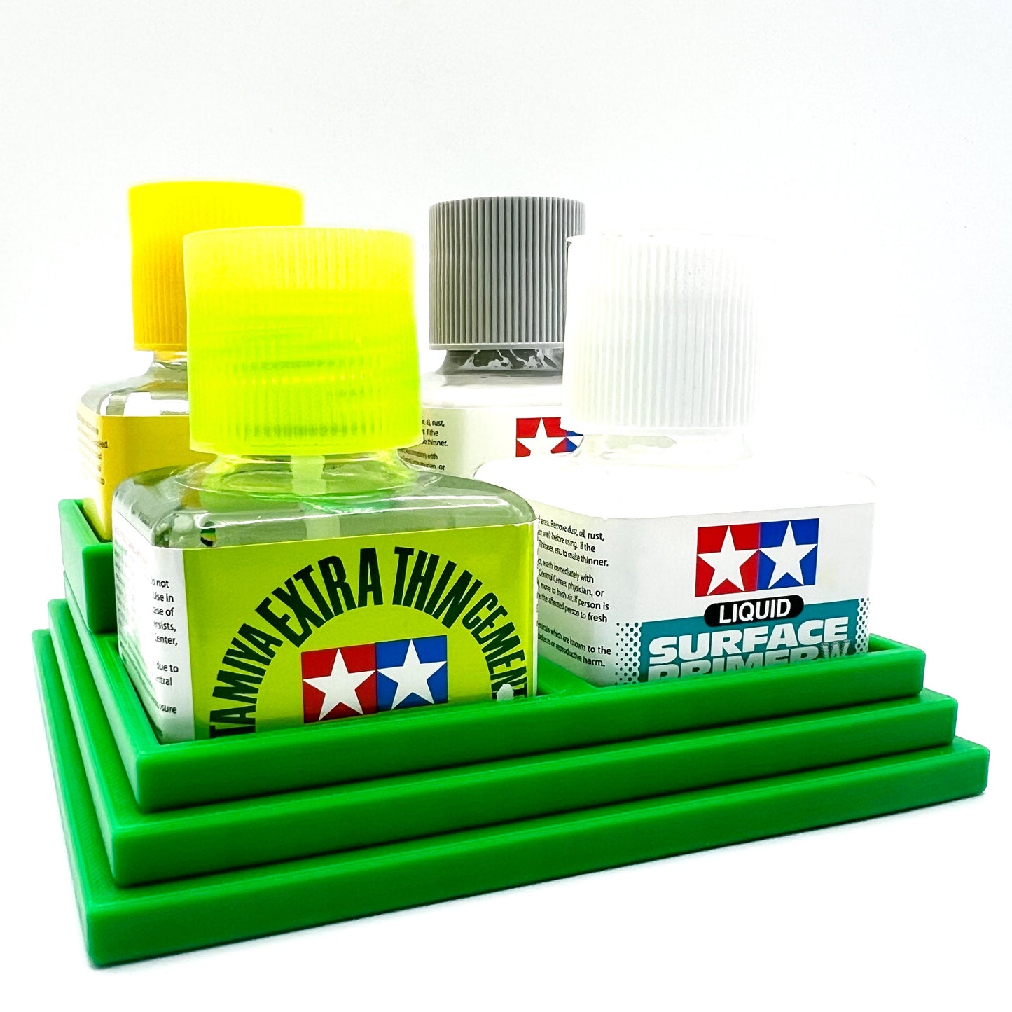 Anti-Tip 3D Printed Tamiya Glue Bottle Holder Stepped Quad Square with Rubber FeetTamiya 87038 87182