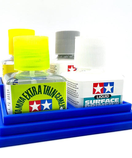 Anti-Tip 3D Printed Tamiya Glue Bottle Holder Stepped Quad Square with Rubber FeetTamiya 87038 87182