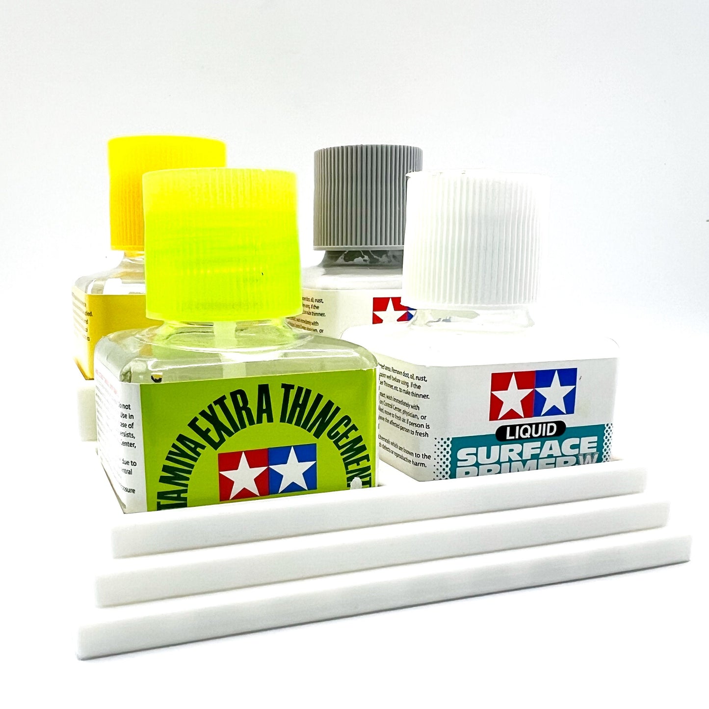 Anti-Tip 3D Printed Tamiya Glue Bottle Holder Stepped Quad Square with Rubber FeetTamiya 87038 87182