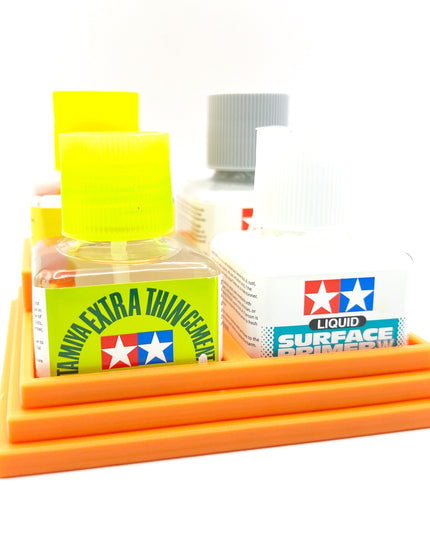 Anti-Tip 3D Printed Tamiya Glue Bottle Holder Stepped Quad Square with Rubber FeetTamiya 87038 87182
