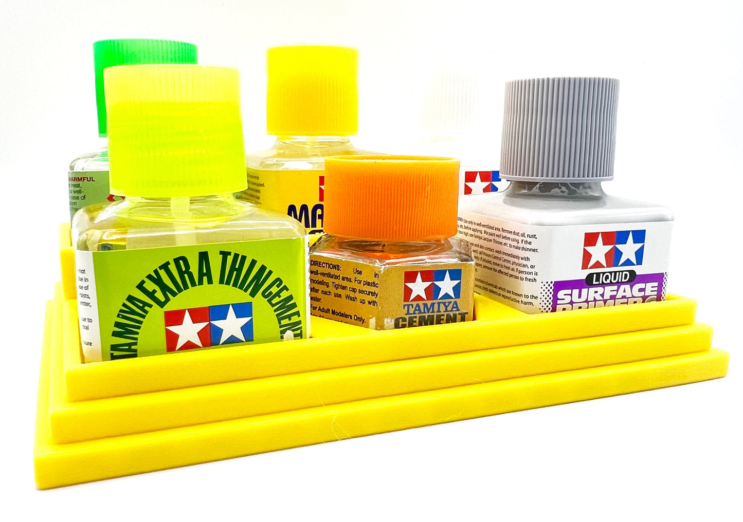 Anti-Tip 3D Printed Tamiya Glue Bottle Holder Stepped 5 Square & Hex with Rubber Feet Tamiya 87038 87012