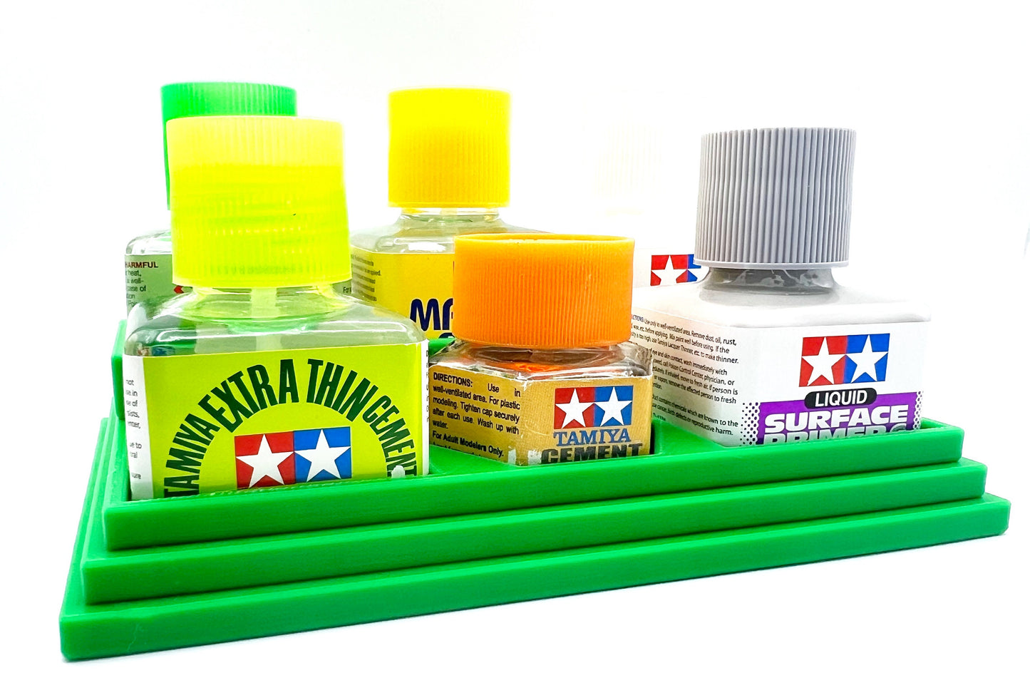 Anti-Tip 3D Printed Tamiya Glue Bottle Holder Stepped 5 Square & Hex with Rubber Feet Tamiya 87038 87012