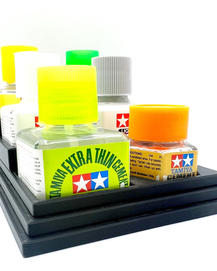 Anti-Tip 3D Printed Tamiya Glue Bottle Holder Stepped Narrow 6 Square with Rubber Feet Tamiya 87038 87182