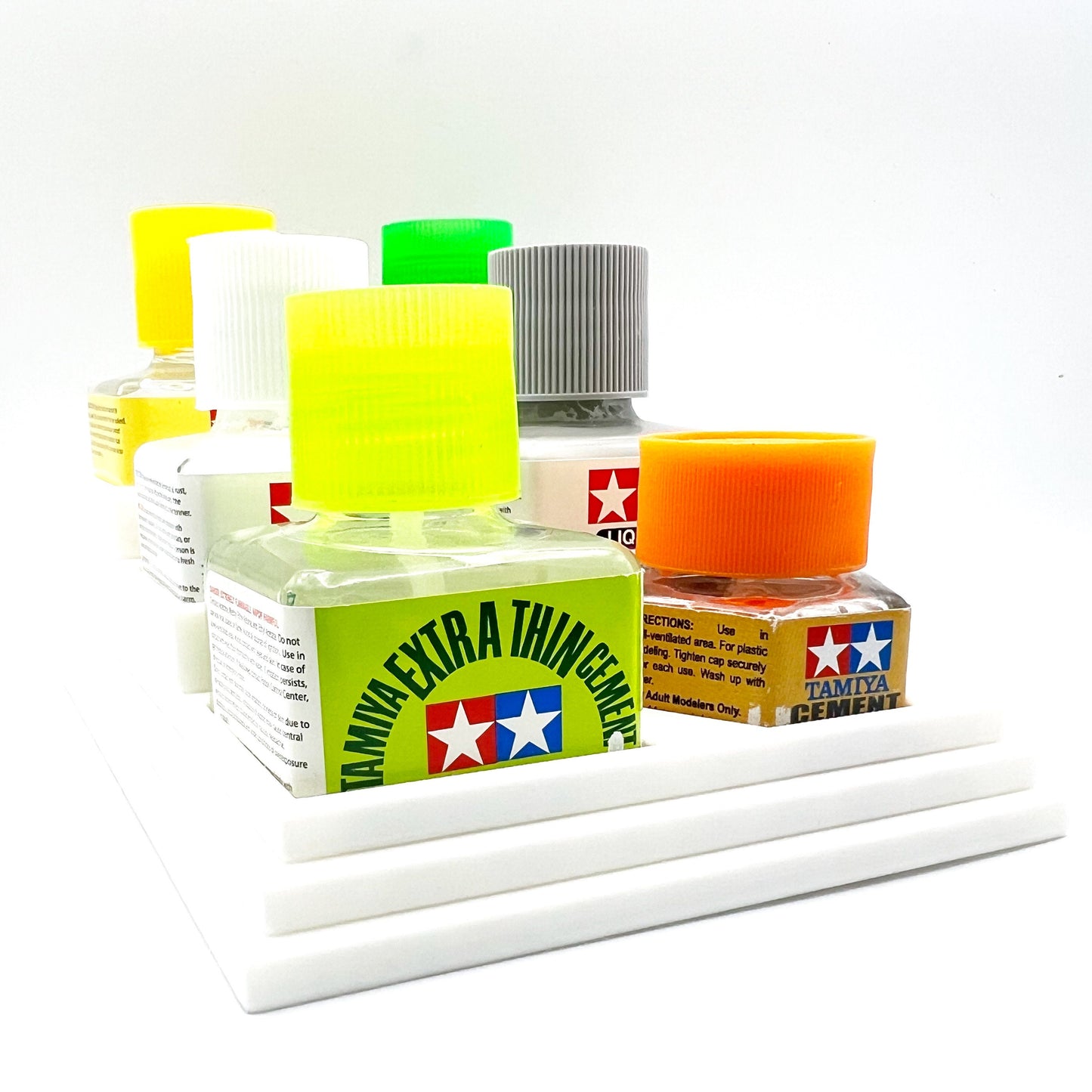 Anti-Tip 3D Printed Tamiya Glue Bottle Holder Stepped Narrow 5 Square & Hex with Rubber Feet Tamiya 87038 87012