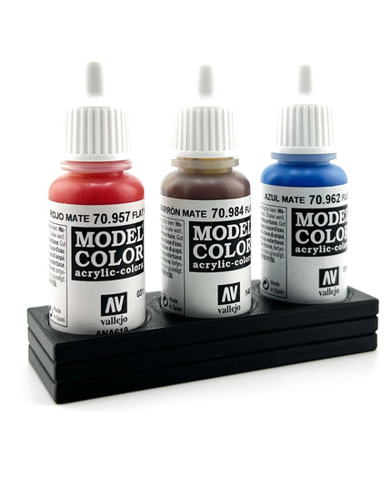 Vallejo 17mm Paint Bottle Holder / Stand - Holds 3 Vallejo 17mm Bottles with Anti-Slip Rubber Feet - 3D Printed