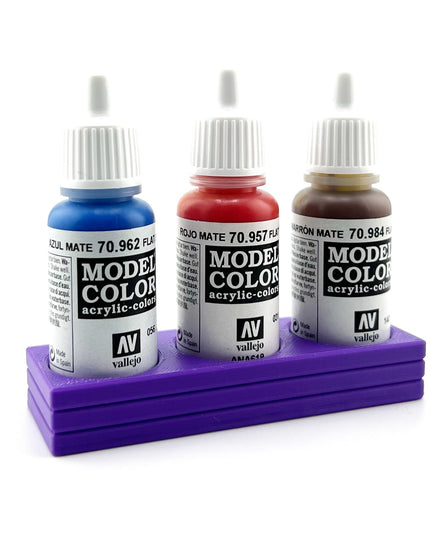 Vallejo 17mm Paint Bottle Holder / Stand - Holds 3 Vallejo 17mm Bottles with Anti-Slip Rubber Feet - 3D Printed