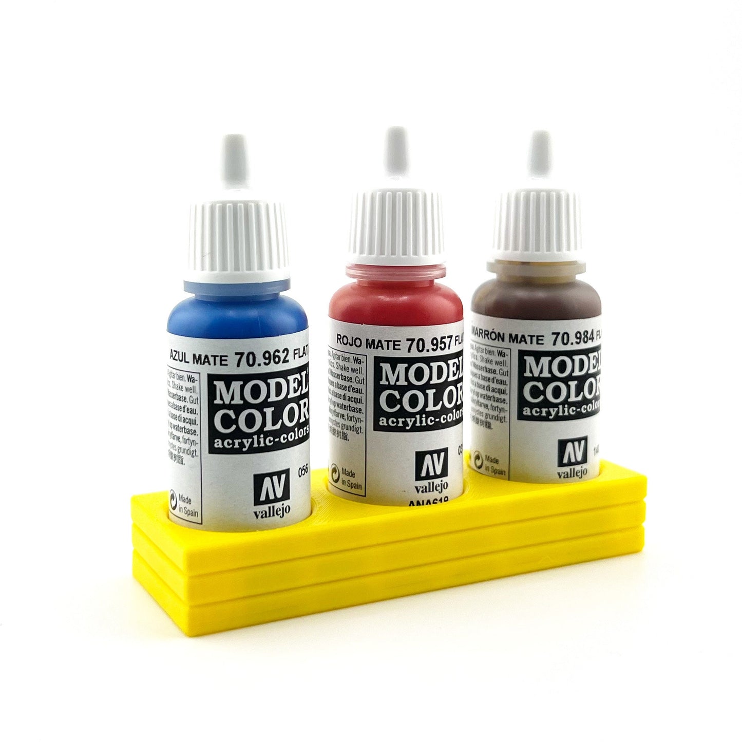 Vallejo 17mm Paint Bottle Holder / Stand - Holds 3 Vallejo 17mm Bottles with Anti-Slip Rubber Feet - 3D Printed