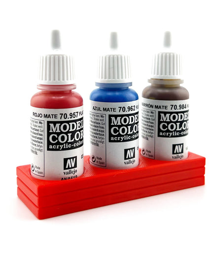 Vallejo 17mm Paint Bottle Holder / Stand - Holds 3 Vallejo 17mm Bottles with Anti-Slip Rubber Feet - 3D Printed