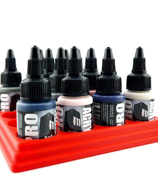 Monument Hobbies 22ml 30mm Paint Bottle Holder / Stand - Holds 16 Monument Hobbies 22ml 30mm  Bottles w/ Anti-Slip Rubber Feet - 3D Printed