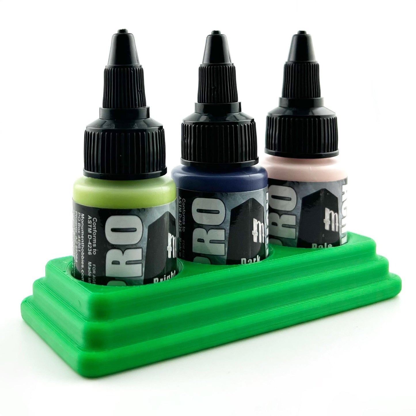 Monument Hobbies 22ml 30mm Paint Bottle Holder / Stand - Holds 3 Monument Hobbies 22ml 30mm  Bottles w/ Anti-Slip Rubber Feet - 3D Printed