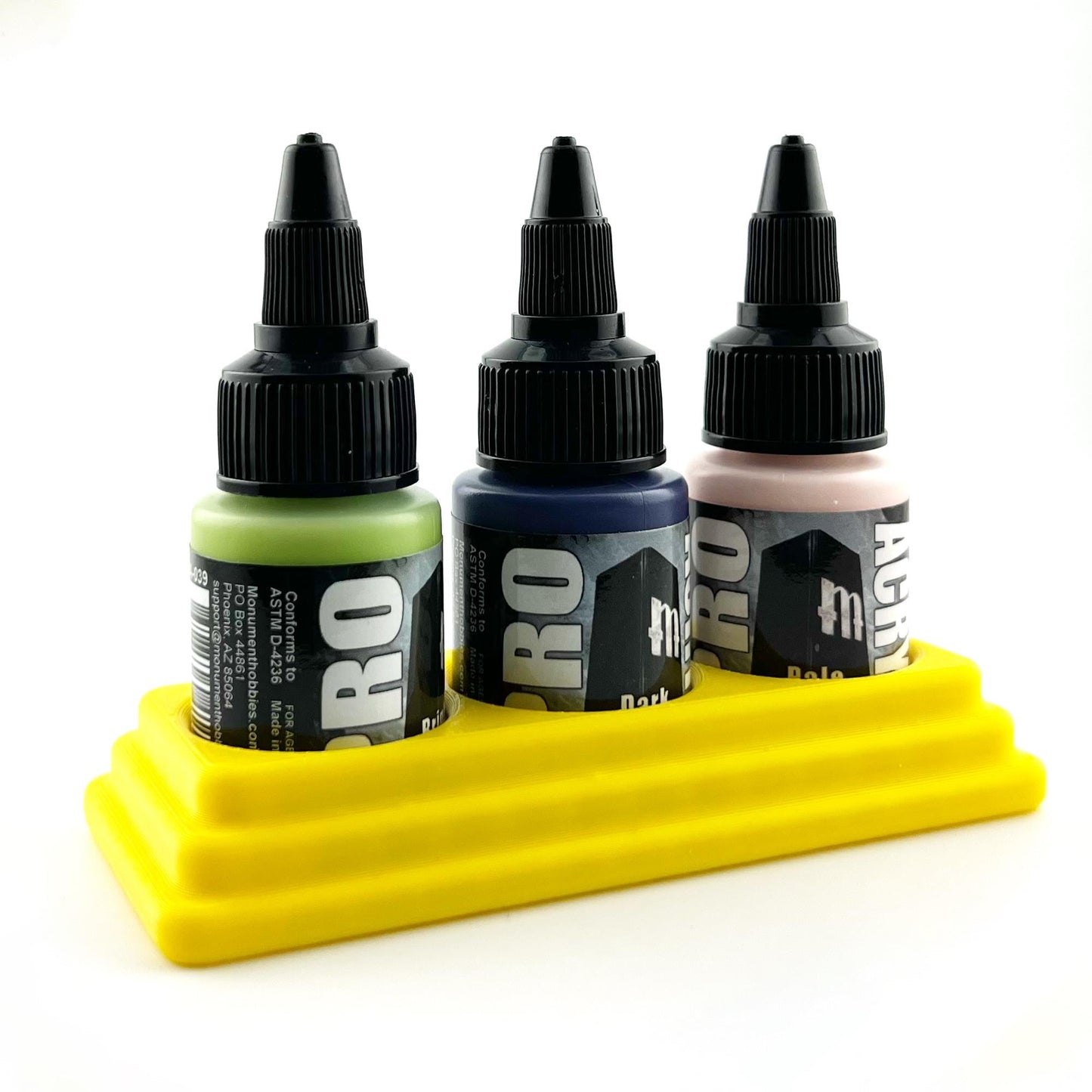 Monument Hobbies 22ml 30mm Paint Bottle Holder / Stand - Holds 3 Monument Hobbies 22ml 30mm  Bottles w/ Anti-Slip Rubber Feet - 3D Printed