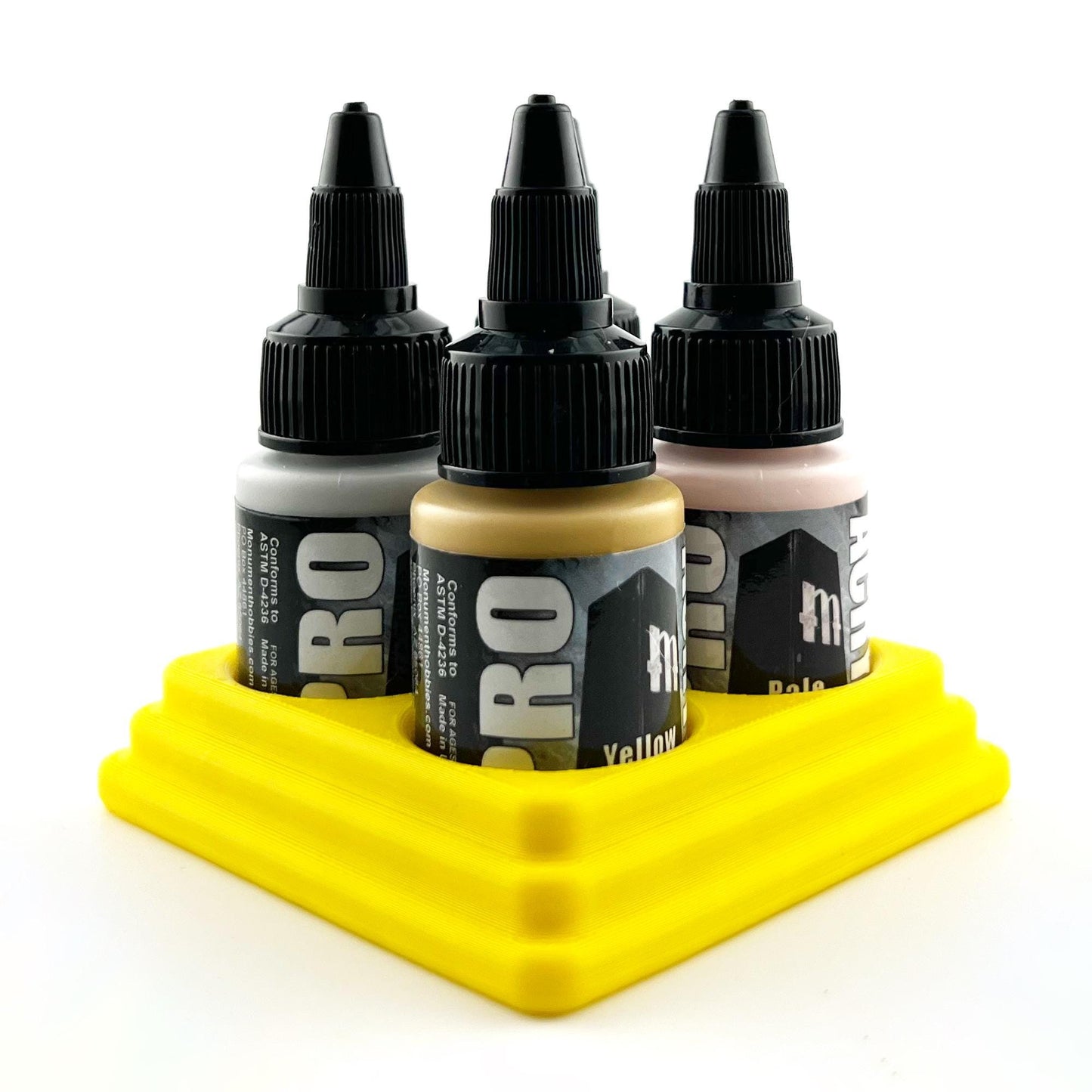 Monument Hobbies 22ml 30mm Paint Bottle Holder / Stand - Holds 4 Monument Hobbies 22ml 30mm  Bottles w/ Anti-Slip Rubber Feet - 3D Printed