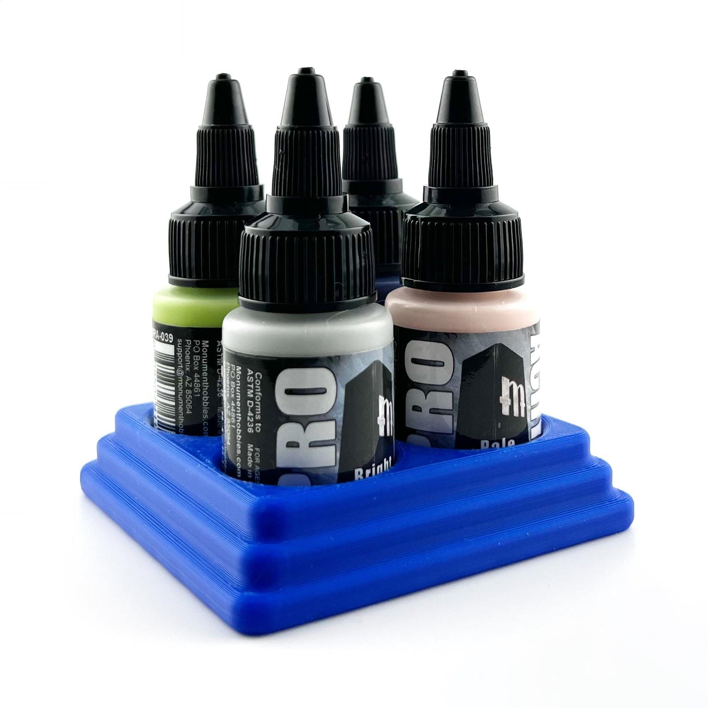 Monument Hobbies 22ml 30mm Paint Bottle Holder / Stand - Holds 4 Monument Hobbies 22ml 30mm  Bottles w/ Anti-Slip Rubber Feet - 3D Printed