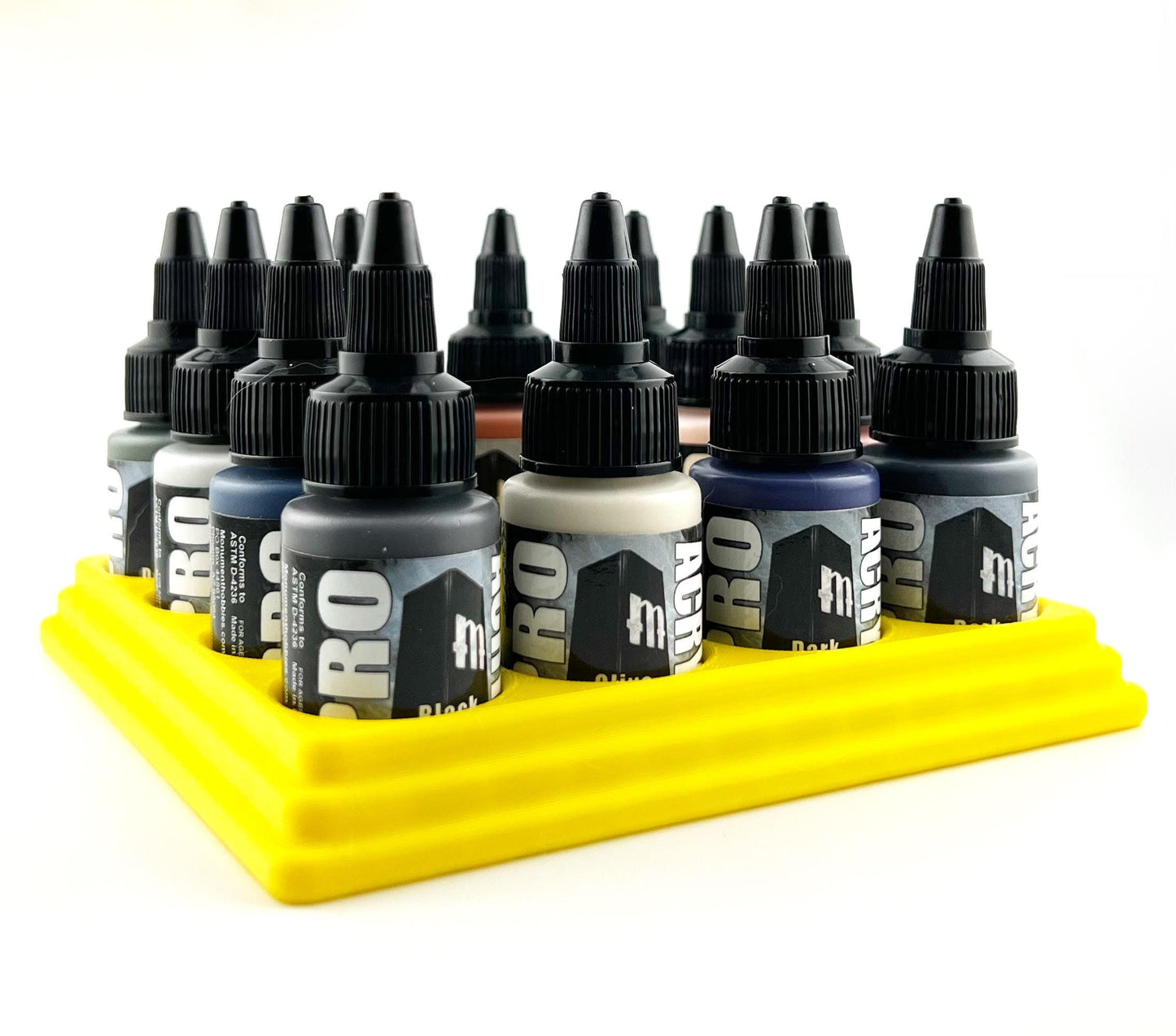 Monument Hobbies 22ml 30mm Paint Bottle Holder / Stand - Holds 16 Monument Hobbies 22ml 30mm  Bottles w/ Anti-Slip Rubber Feet - 3D Printed