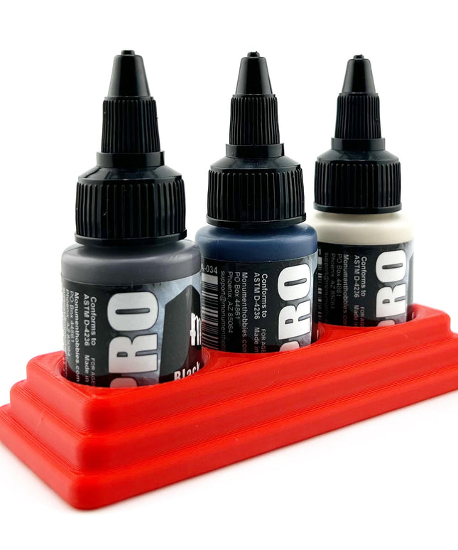 Monument Hobbies 22ml 30mm Paint Bottle Holder / Stand - Holds 3 Monument Hobbies 22ml 30mm  Bottles w/ Anti-Slip Rubber Feet - 3D Printed