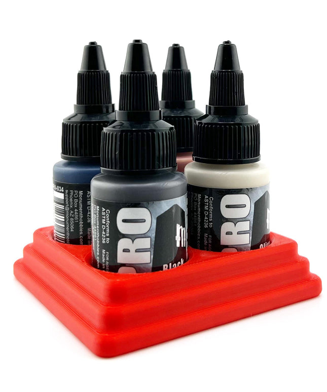 Monument Hobbies 22ml 30mm Paint Bottle Holder / Stand - Holds 4 Monument Hobbies 22ml 30mm  Bottles w/ Anti-Slip Rubber Feet - 3D Printed