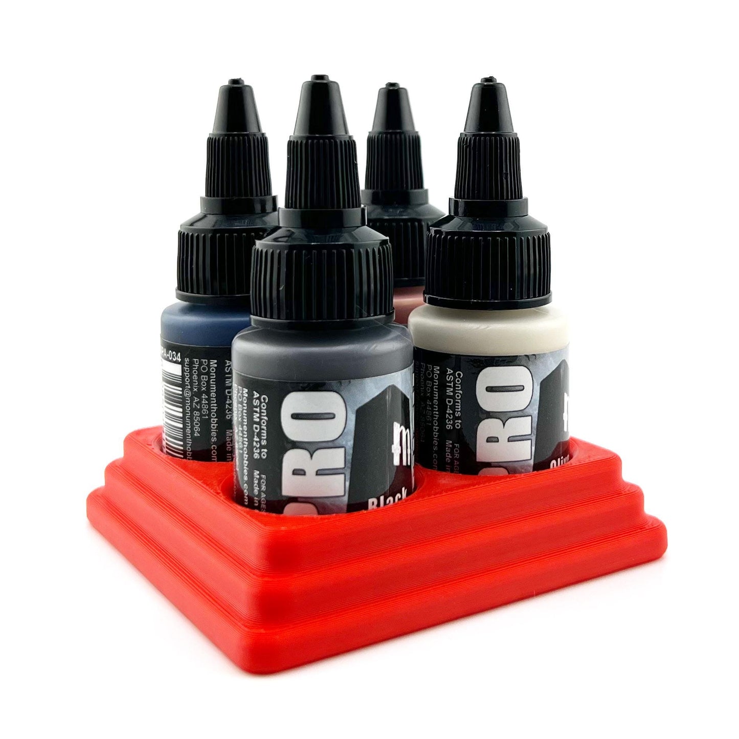 Monument Hobbies 22ml 30mm Paint Bottle Holder / Stand - Holds 4 Monument Hobbies 22ml 30mm  Bottles w/ Anti-Slip Rubber Feet - 3D Printed