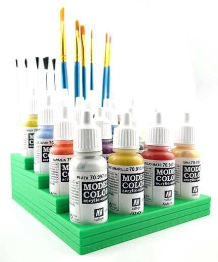 Vallejo 17mm Paint Bottle Holder / Stand Stepped w/ Brush Holder - Holds 16 Vallejo 17mm Bottles with Anti-Slip Rubber Feet - 3D Printed