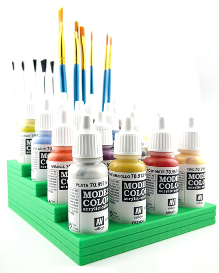 Vallejo 17mm Paint Bottle Holder / Stand Stepped w/ Brush Holder - Holds 16 Vallejo 17mm Bottles with Anti-Slip Rubber Feet - 3D Printed