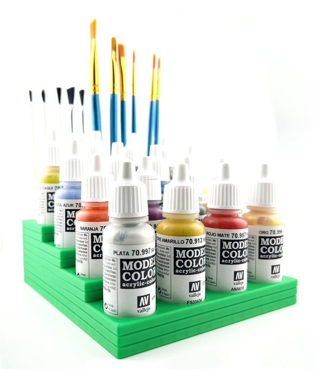 Vallejo 17mm Paint Bottle Holder / Stand Stepped w/ Brush Holder - Holds 16 Vallejo 17mm Bottles with Anti-Slip Rubber Feet - 3D Printed