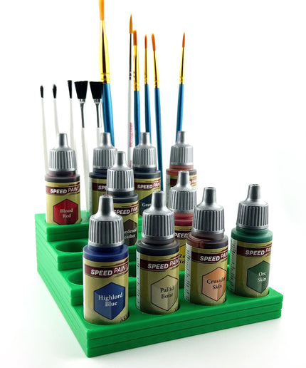 The Army Painter 17mm Paint Bottle Holder / Stand Stepped w/Brush Holder - Holds 16 The Army Painter 17mm Bottles with Anti-Slip Rubber Feet