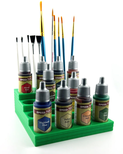 The Army Painter 17mm Paint Bottle Holder / Stand Stepped w/Brush Holder - Holds 16 The Army Painter 17mm Bottles with Anti-Slip Rubber Feet