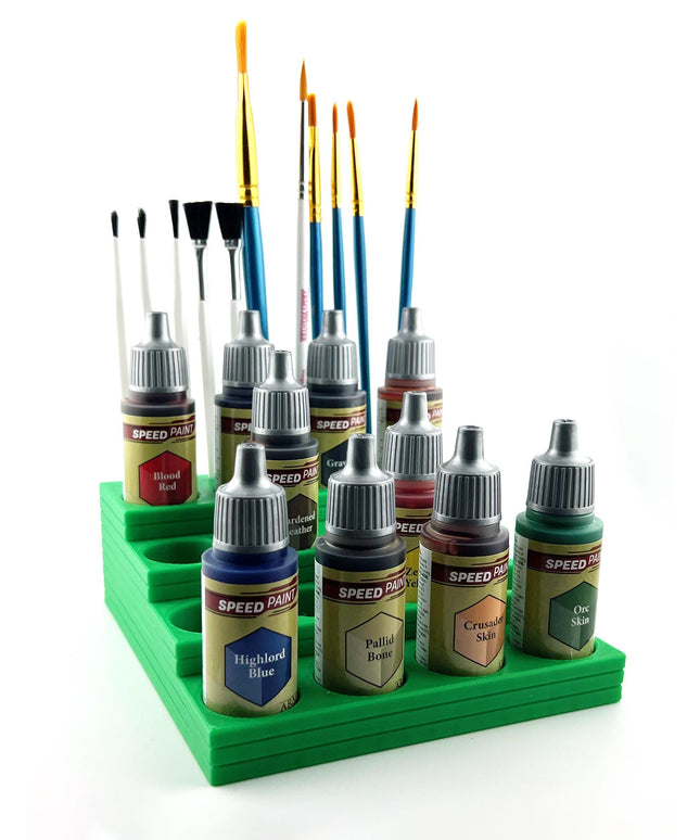 The Army Painter 17mm Paint Bottle Holder / Stand Stepped w/Brush Holder - Holds 16 The Army Painter 17mm Bottles with Anti-Slip Rubber Feet
