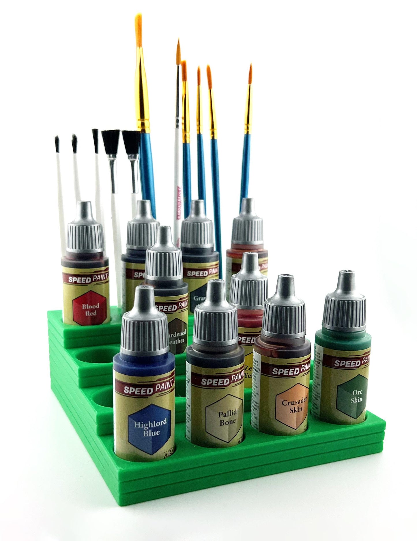 The Army Painter 17mm Paint Bottle Holder / Stand Stepped w/Brush Holder - Holds 16 The Army Painter 17mm Bottles with Anti-Slip Rubber Feet