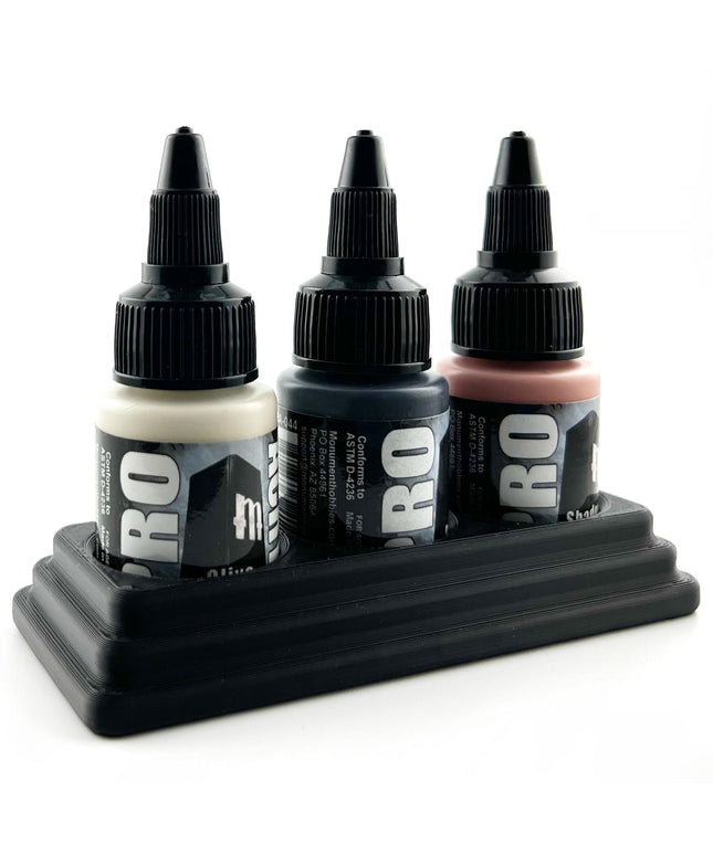 Monument Hobbies 22ml 30mm Paint Bottle Holder / Stand - Holds 3 Monument Hobbies 22ml 30mm  Bottles w/ Anti-Slip Rubber Feet - 3D Printed