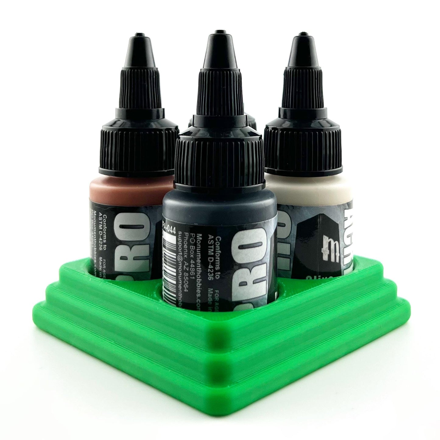 Monument Hobbies 22ml 30mm Paint Bottle Holder / Stand - Holds 4 Monument Hobbies 22ml 30mm  Bottles w/ Anti-Slip Rubber Feet - 3D Printed