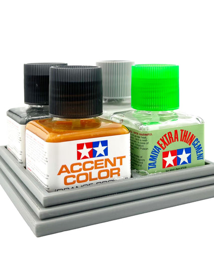 Anti-Tip 3D Printed Tamiya Glue Bottle Holder Quad Square with Rubber Feet Tamiya 87038 87182