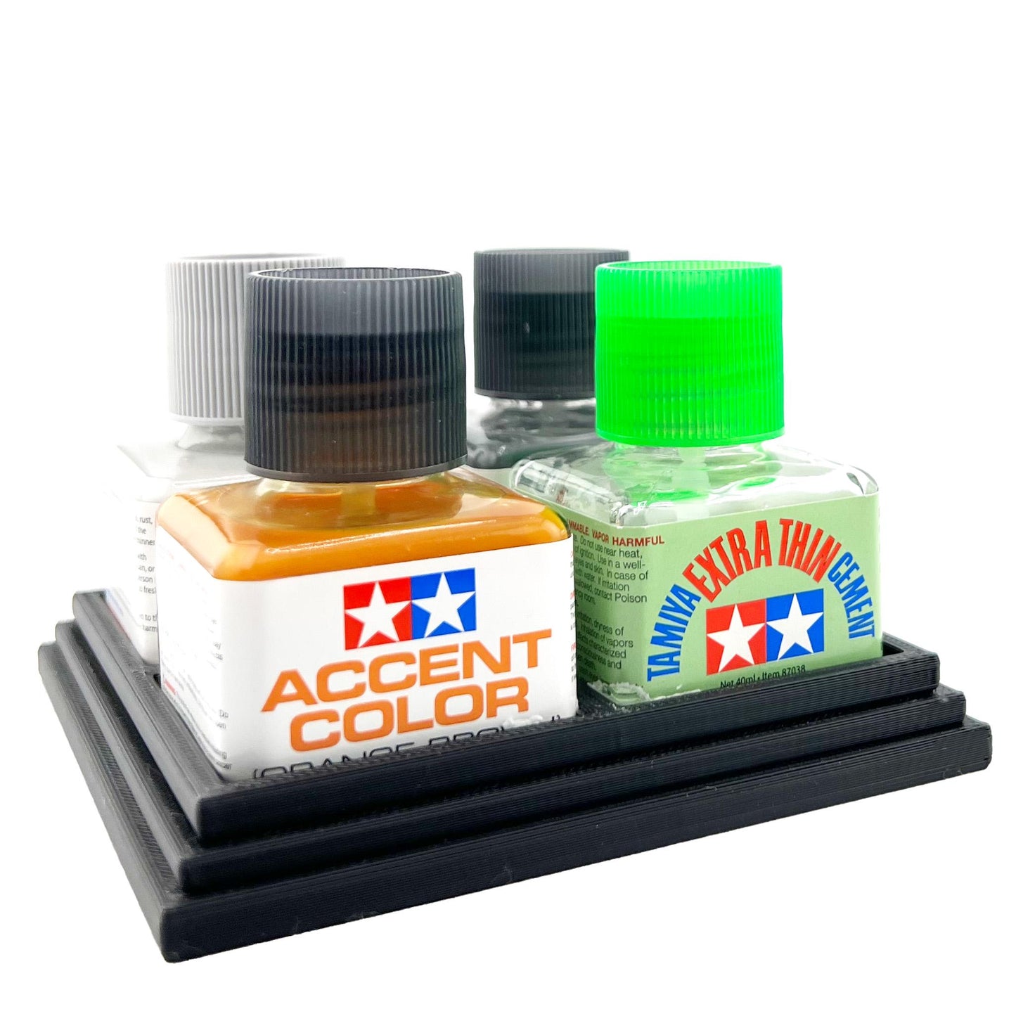 Anti-Tip 3D Printed Tamiya Glue Bottle Holder Quad Square with Rubber Feet Tamiya 87038 87182